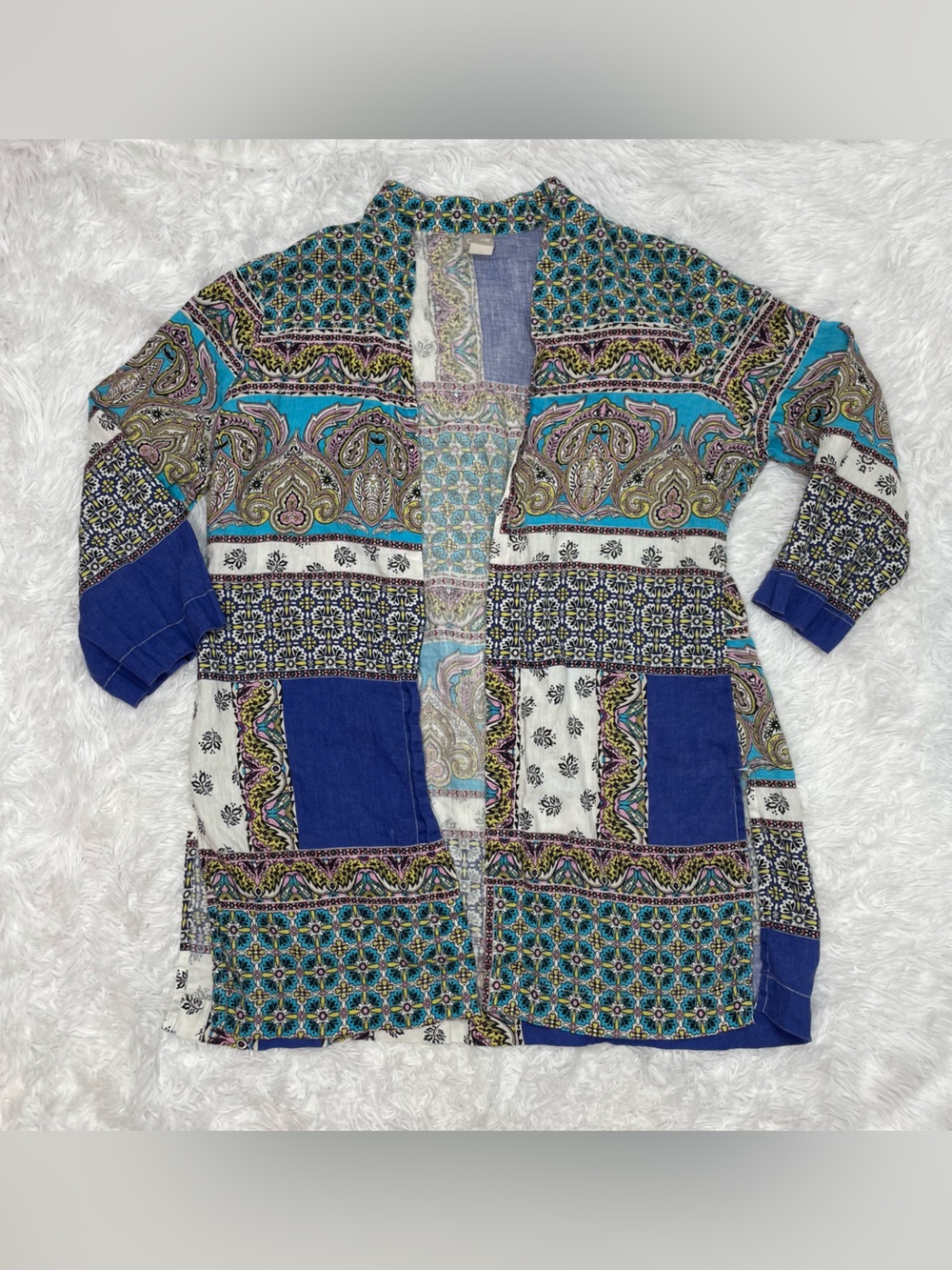 Chico’s Patchwork 100% Linen Duster Cardigan Womens Size 3 Boho Open Front 16-18